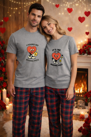 Pijamale cupluri - Set pijamale pentru cuplu – tricou si pantaloni pijamale, bumbac, Valentine's si Dragobete