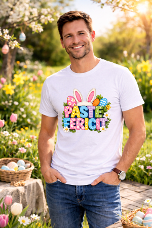 Tricouri adulti - Tricou Paste Fericit Unisex 100% Bumbac - Tricou Easter cu Iepuras Bunny, Colectia Pasti Familie