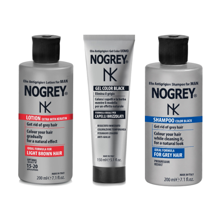 Produse - Set complet NOGREY pentru păr cărunt și barbă – Loțiune cu Keratină 200 ml + Șampon Color Black 200 ml + Gel Color Black 150 ml