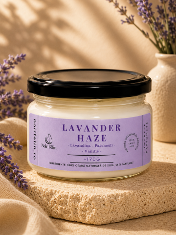 Ediții Limitate - Lumanare parfumata soia Lavander Haze - Lavandina, Patchouli, Vanilie, ceara naturala, handmade