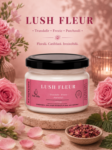 Toate Produsele - Lumanare parfumata soia Lush Fleur - Trandafir, Frezie, Pacthouli, ceara naturala, handmade