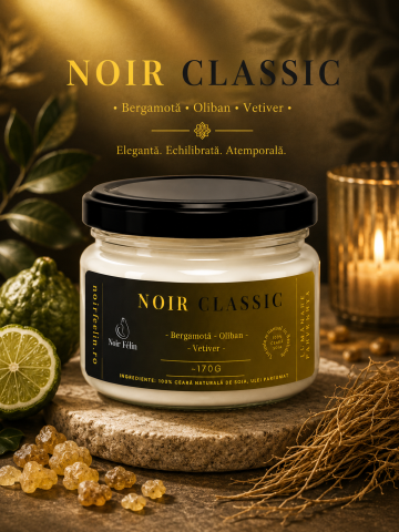 Toate Produsele - Lumanare parfumata soia Noir Classic - Bergamota, Oliban, Vetiver, ceara naturala, handmade