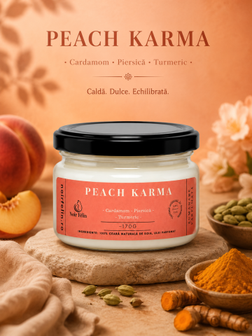 Toate Produsele - Lumanare parfumata soia Peach Karma - Cardamom, Piersica, Turmeric, ceara naturala, handmade