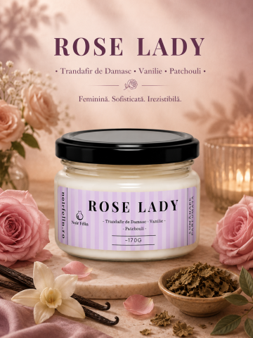 Toate Produsele - Lumanare parfumata soia Rose Lady - Trandafir de Damasc, Vanilie, Patchouli, ceara naturala, handmade