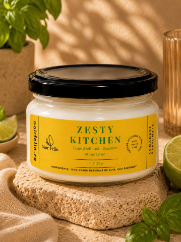 Ediții Limitate - Lumanare parfumata soia Zesty Kitchen - Lime Sicilian, Busuioc, Mandarine, ceara naturala, handmade