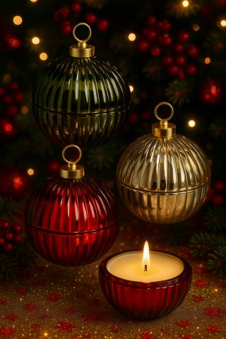 Craciun - Set lumanari parfumate soia handmade de Craciun in glob de sticla cu arome de Mar si Scortisoara, Brad de Craciun sau Lemn in Soba (Iarna pe Ulita), Cadou de Craciun - Noir Felin