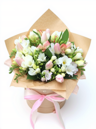 Aranjamente de primăvară - Aranjament lalele frezii cutie catifea