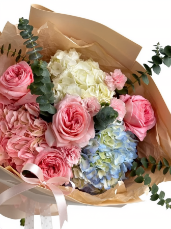 Mix - Buchet hortensii colorate trandafiri roz