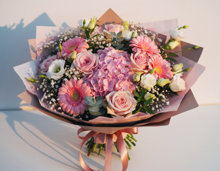 Mix - Buchet hortensie roz gerbera trandafiri