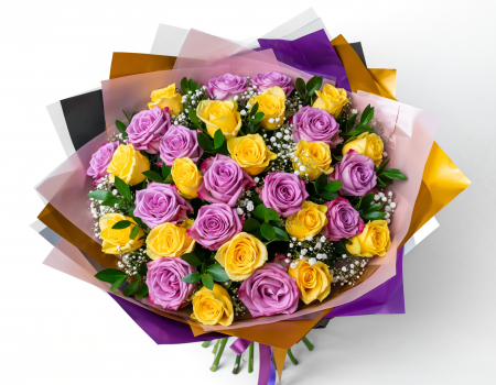 Buchete de 25 de trandafiri - Buchet de 25 trandafiri mov și galbeni