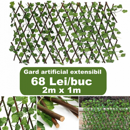 Decoratiuni - Gard artificial extensibil din lemn 200cm x 100cm, cu frunze verzi