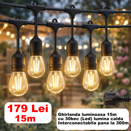 Iluminat - Ghirlanda luminoasa, interconectabila, 15 m cu 30 becuri E27