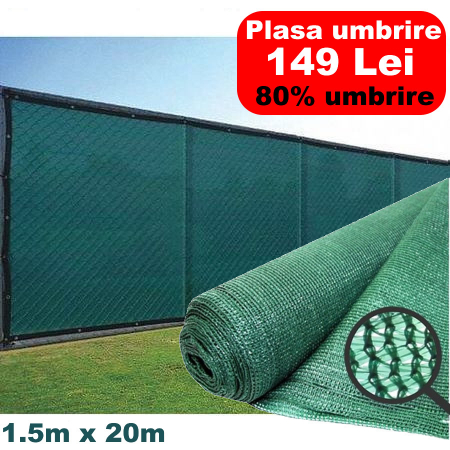 Plase umbrire - Plasa de umbrire Micul Fermier, 1.5x20m, 80g/mp, grad de umbrire 80%, material HDPE, protectie UV
