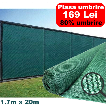 Plase umbrire - Plasa de umbrire Micul Fermier, 1.7x20m, 80g/mp, grad de umbrire 80%, material HDPE, protectie UV