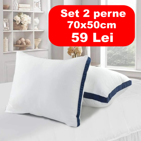 Dormitor - Set 2 Perne  50x70 cm, umplute cu puf siliconizat 600Gr, moale și confortabil, margine albastra