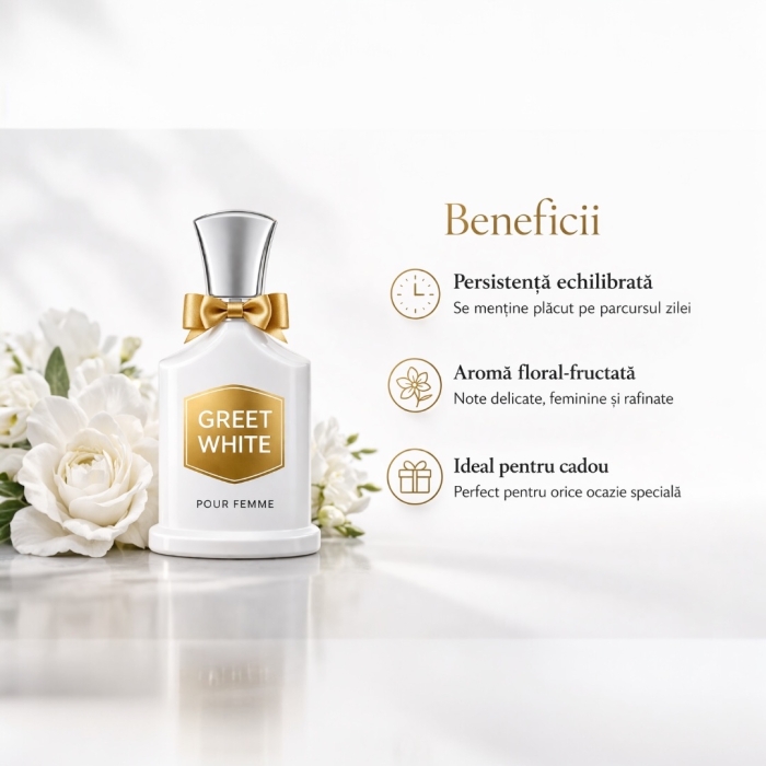 Parfum Damă Greet White Pour Femme – Inspirat din Creed Love in White | Apă de Parfum Persistentă 100 ml | Parfum Floral Fructat Femei – Montage Brands [4]
