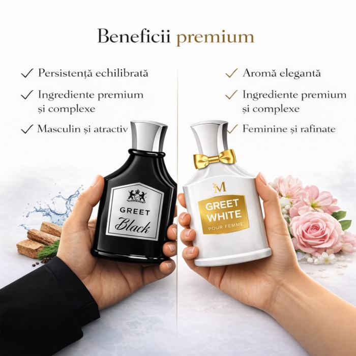 Set Parfumuri Bărbați și Femei Greet Black + Greet White 2 x 100 ml – Inspirate din Creed | Parfumuri Persistente Cuplu, Floral Fructat & Lemnos Aromatic – Montage Brands [3]