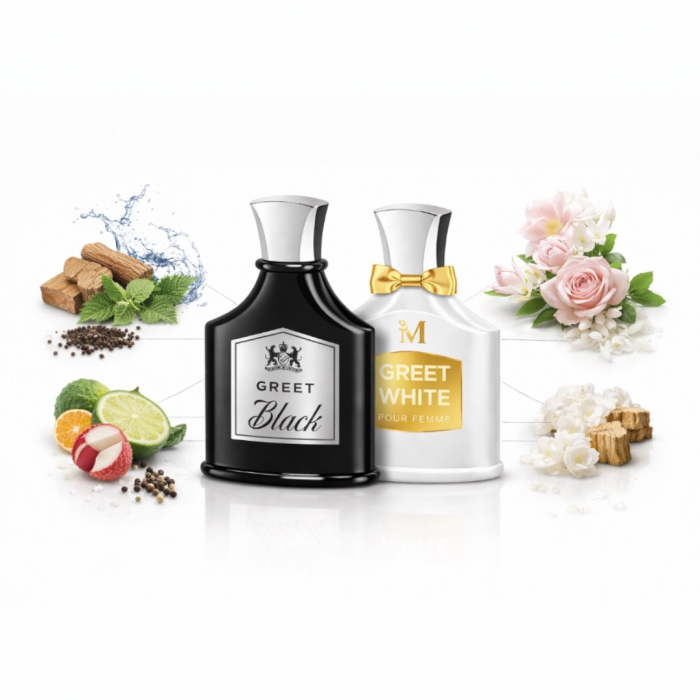 Set Parfumuri Bărbați și Femei Greet Black + Greet White 2 x 100 ml – Inspirate din Creed | Parfumuri Persistente Cuplu, Floral Fructat & Lemnos Aromatic – Montage Brands [4]