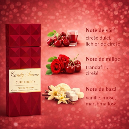 Parfum femei cu cireșe Candy Amour Cute Cherry Eau de Parfum 100 ml – parfum dulce gurmand cu vanilie și marshmallow inspirat din Sweet Tooth Cherry Baby [1]