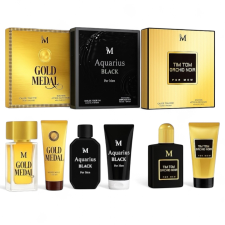 Seturi si Pachete - Set 3 Seturi de Parfumuri Barbati – Gold Medal, Aquarius Black, Tim Tom Orchid Noir (50 ml parfum + produse complementare)