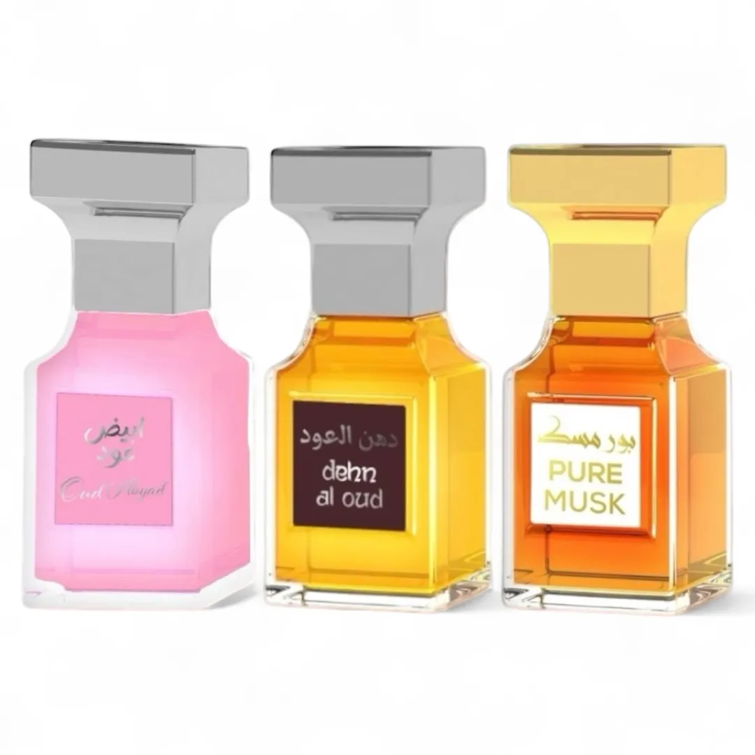 Seturi si Pachete - Set 3 Parfumuri Orientale, fără Alcool – Extracte Concentrate pe Bază de Ulei 20 ml Roll-on – Oud Abiyad, Dehn Al Oud, Pure Musk