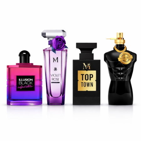 Seturi si Pachete - Set Parfumuri Cadou 4x100 ml pentru Femei și Bărbați – Inspirate din Black Opium, Trésor Midnight Rose, Tobacco Vanille și Le Male – Montage Brands