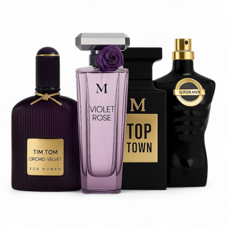 Seturi si Pachete - Set 4 Parfumuri Elegante – Velvet Orchid, Violet Rose, Top Town, G for Men Intense – 100 ml