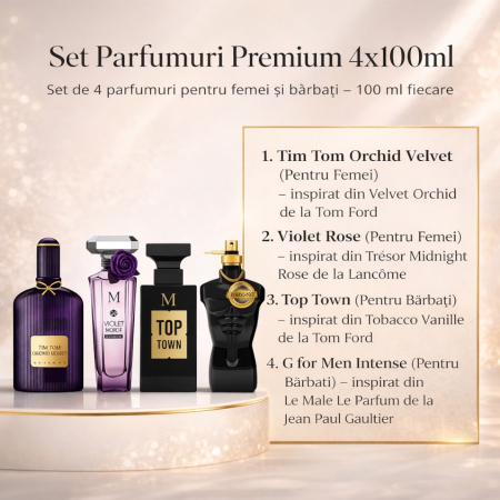 Set 4 Parfumuri Elegante – Velvet Orchid, Violet Rose, Top Town, G for Men Intense – 100 ml [1]