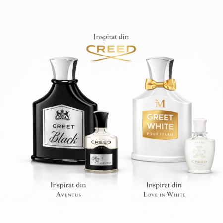 Set Parfumuri Bărbați și Femei Greet Black + Greet White 2 x 100 ml – Inspirate din Creed | Parfumuri Persistente Cuplu, Floral Fructat & Lemnos Aromatic – Montage Brands [1]