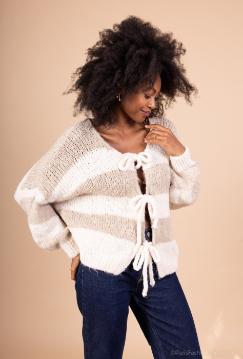 Pulover cardigan handmade cu 3 noduri, tricot gros cu dungi, V-neck [1]