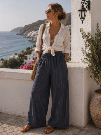 Pantaloni - Amy Fashion – Pantaloni palazzo din 100% in cu dungi fine