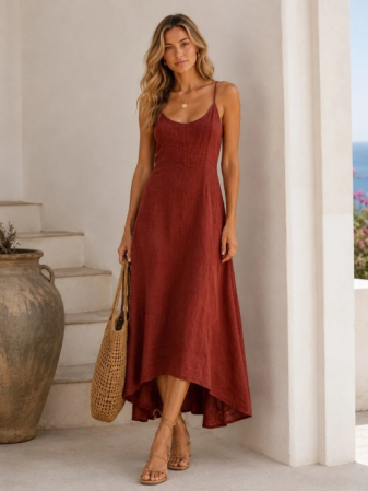 Rochii - Amy Fashion – Rochie midi asimetrica din 100% in cu bretele subtiri