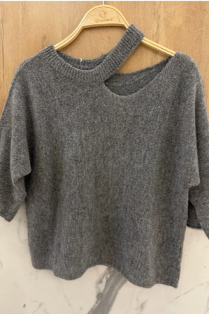 Orice - Pulover cu decupaj la umar, lana si vascoza, Dark Gray [1]