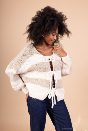 Cardigane si Pulovere - Pulover cardigan handmade cu 3 noduri, tricot gros cu dungi, V-neck