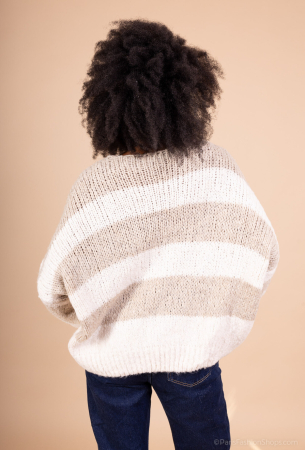 Pulover cardigan handmade cu 3 noduri, tricot gros cu dungi, V-neck [2]