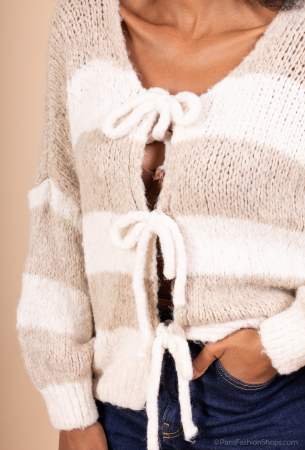 Pulover cardigan handmade cu 3 noduri, tricot gros cu dungi, V-neck [1]