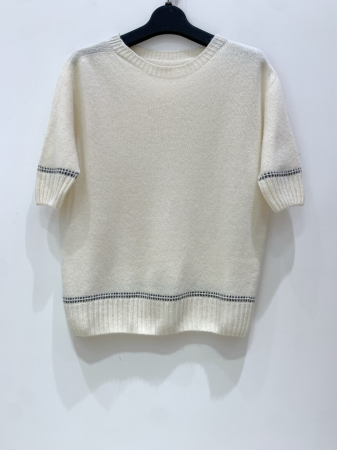 Cardigane si Pulovere - Pulover subtire cu guler rotund si maneci scurte, din blend de lana, vascoza si cashmere