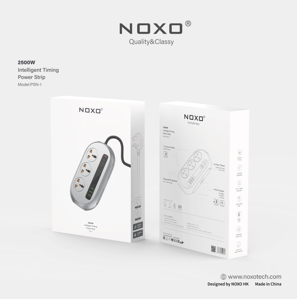 Prelungitor Inteligent NOXO PSN-1 2500W Timer 24 Ore 3 Prize Universale 3 USB-A USB-C Ignifug [3]