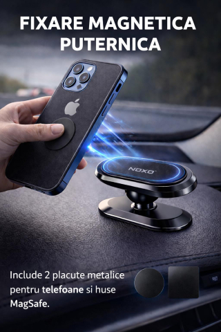 Accesorii Telefoane - Suport Auto Magnetic Telefon NOXO HDN-1, Rotatie 360°, Montare Bord, Design Slim, Include 2 Inele Metalice