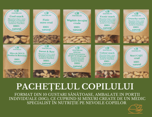 Pachetelul copilului, mix nutritional pentru 10 gustari sanatoase. 10 gustari sanatoase a 30g fiecare, usor de luat si mancat la scoala.