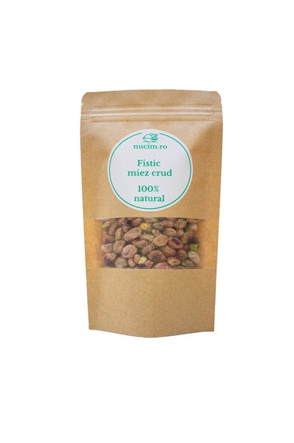 Fistic Miez, crud. Contine nutrienti precum carbohidrati, proteine, grasimi, fibre dietetice, fosfor, potasiu, tiamina, vitamina B6...