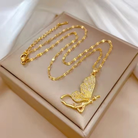 Lantisor dama din otel inoxidabil,  placat cu aur 18k, delicat, cu pandantiv fluturas [3]