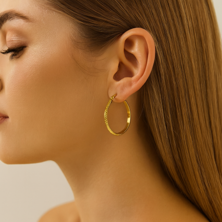 BIJUTERII PLACATE CU AUR - Cercei rotunzi din otel inoxidabil placati cu aur  diametru 3 cm