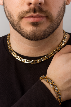 CADOURI PERSOANA IUBITA - Set bărbătesc  ,bicolor,din oțel inoxidabil – colier și brățară cu design impunător