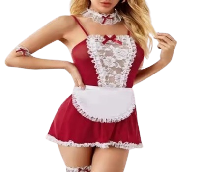 Produse EmagMarketplace - Set lenjerie erotica Menajera, rochie rosie, dantela alba, jartiera, M INTL