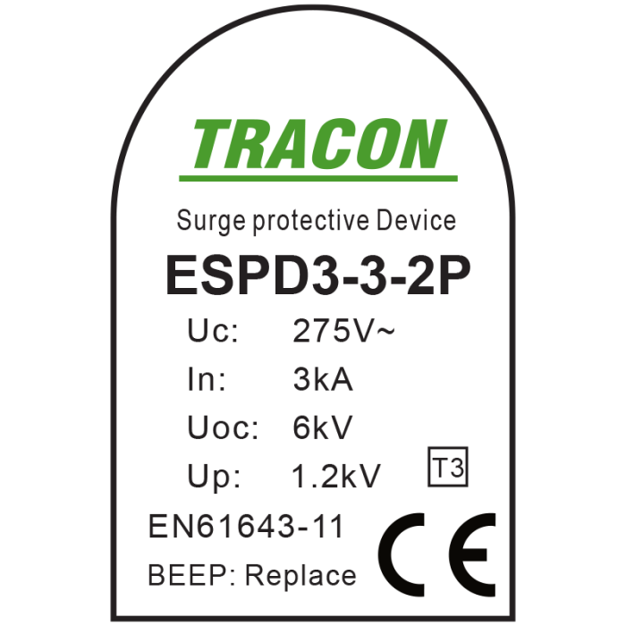 Descarcator de supratensiune incorporabil in doza T3 AC 2P BEEP 3kA 230V - Tracon ESPD3-3-2P [2]