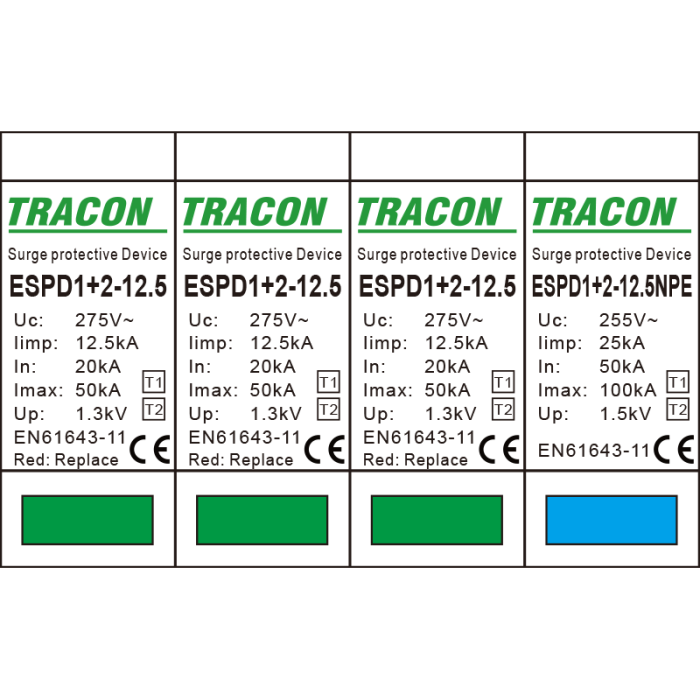 Descarcator de supratensiune T1+T2 AC elem. mod. inlocuibil 3+1P 20kA 400V - Tracon ESPD1+2-12.5-3+1P [2]