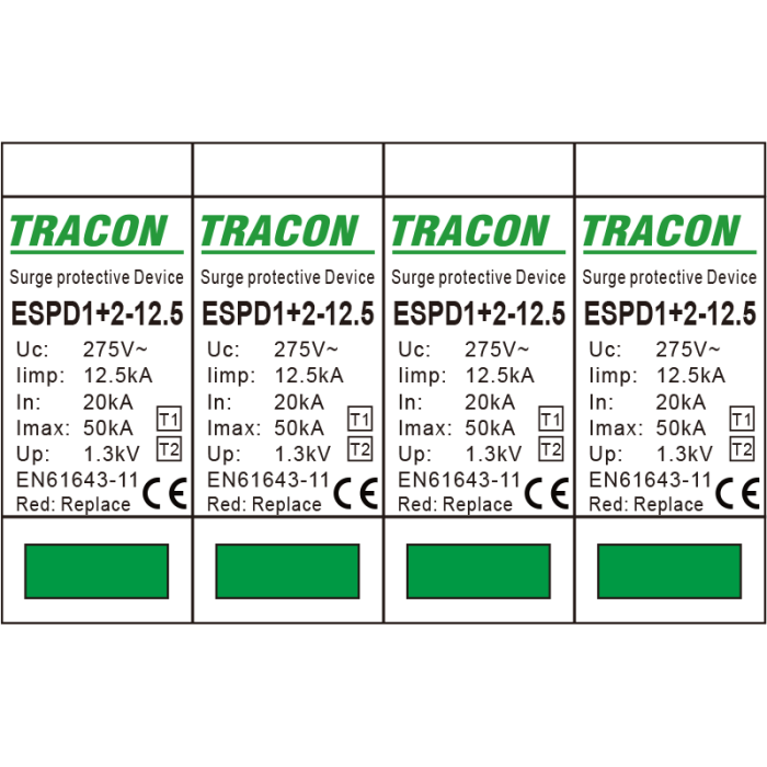 Descarcator de supratensiune T1+T2 elem. mod. inlocuibil, AC 4P 20kA 400V - Tracon ESPD1+2-12.5-4P [2]