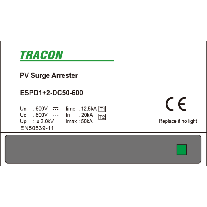Descarcator de supratensiune T1+T2 integrat DC Ucpv 800V 50kA 2P - Tracon ESPD1+2-DC50-600 [2]