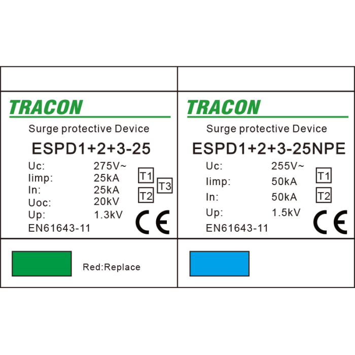 Descarcator de supratensiune T1+T2+T3 integrat AC 1+1P 100kA 230V - Tracon ESPD1+2+3-25-1+1P [2]